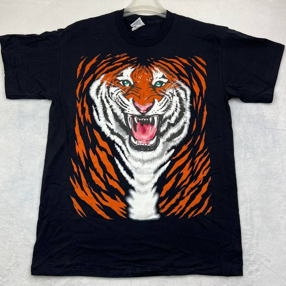 Vintage Tiger Print Animal Shirt Men L Black Graphic Casual Detroit Tigers New